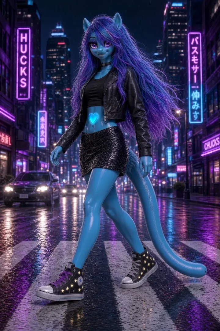 Look Lock Three: Lumen in a leather jacket and sparkly skirt crossing a neon-lit street at night