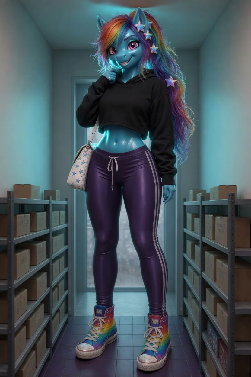 Lumen — cyan rubber pony girl in warehouse, rainbow mane, Converse hi-tops
